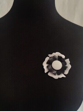 St. John Enamel Flower Brooch Pin Black White Floral Statement Designer Signed